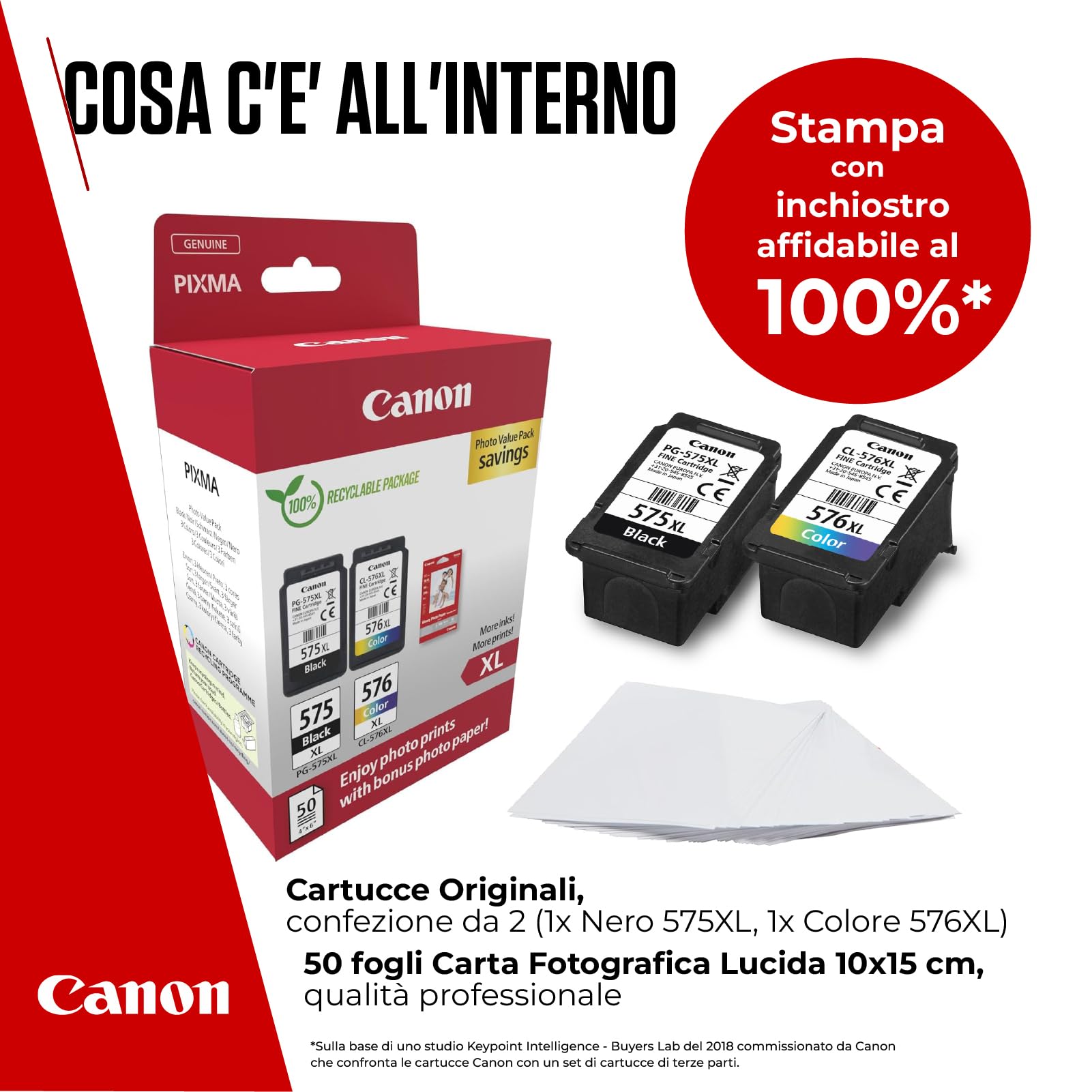 Canon Multipack Cartuccia & Carta - 2 Cartucce per Stampante Originali PG-575XL/CL-576XL (1 x Nero, 1 x Colori) & 4x6 Carta Fotografica (50 x Fogli)