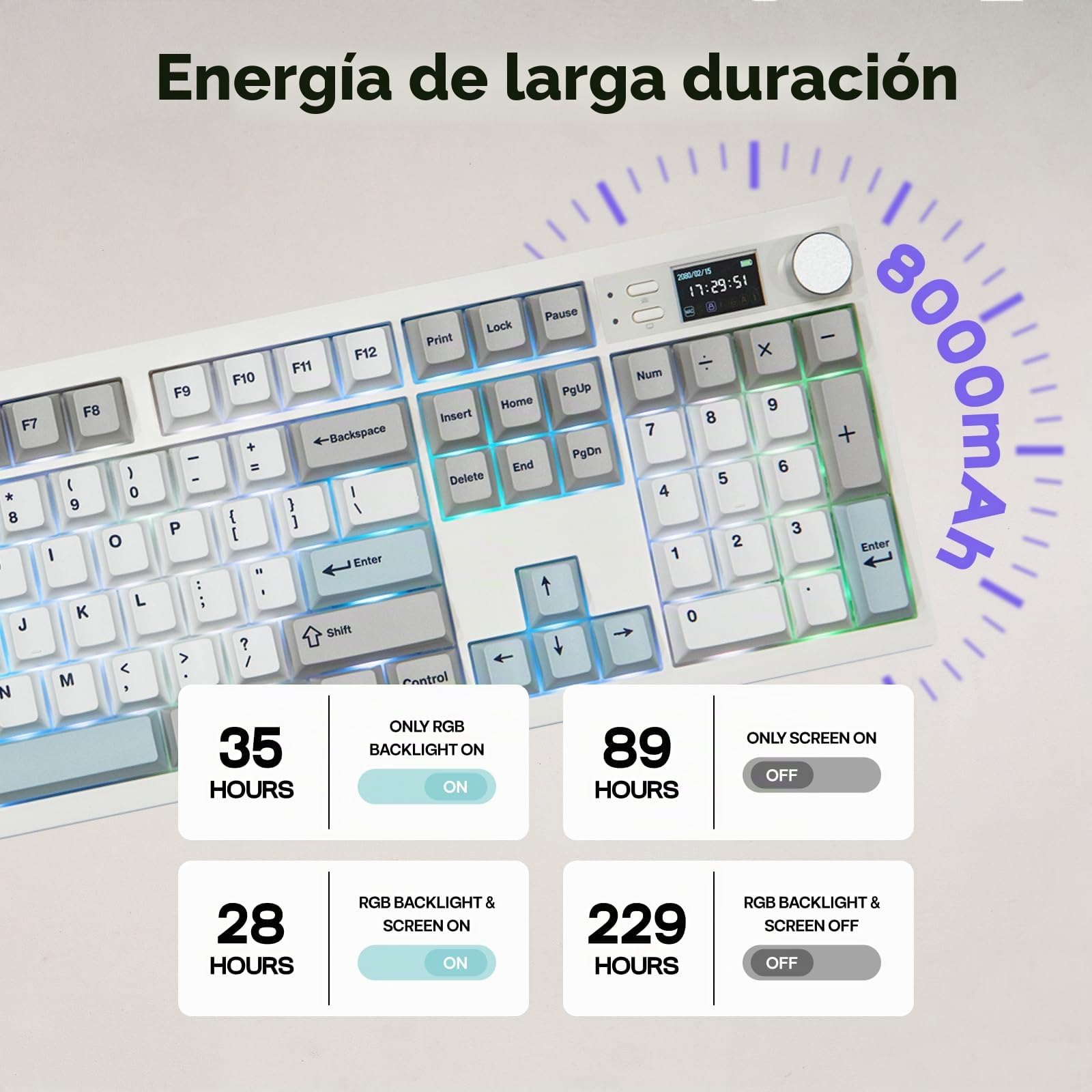 EPOMAKER QK108 Teclado Gaming Mecánico Inalámbrico con Pantalla y Perilla | Tamaño Completo, 8000mAh, QMK/Via, Cremoso y Sólido, Gasket, RGB, Hot-Swap, Teclas de Mac, 2.4G/BT, Wisteria Linear Switch