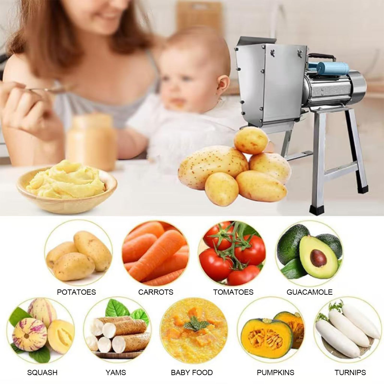 Machacador De Patatas Comercial De Acero Inoxidable, Muela Trituradora De Patatas De 1100 W, Suave, Delicado Y De Buen Sabor, para Ajo, Tomates