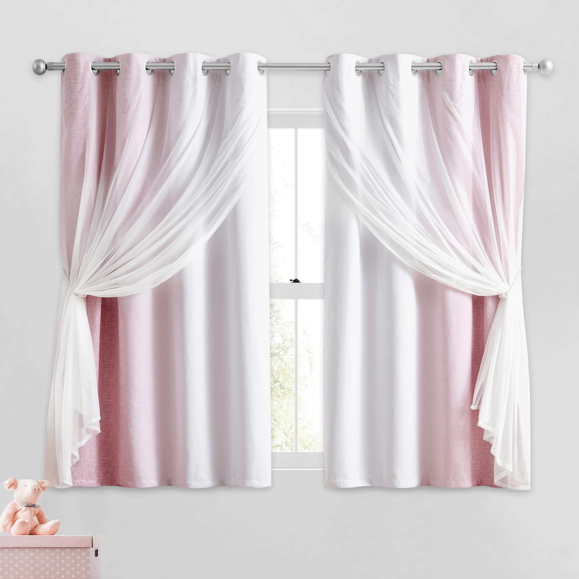 Geomoroccan Ombre 100% Blackout Curtains 54 Inches Long 2 Panels for Girls Bedroom Living Room Pink and White Double Layer Sheer Overlay Mix & Match Grommet Thermal Soundproof Drapes with Tiebacks — image 1