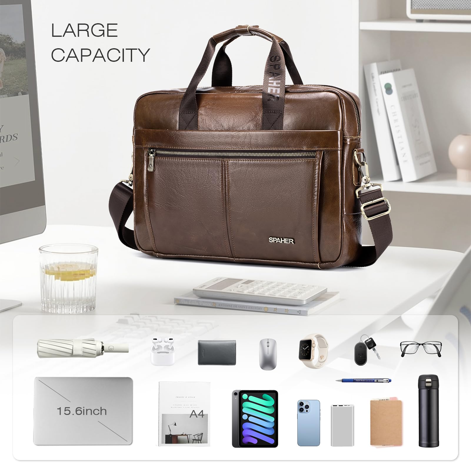 SPAHER Maletín Portátil 15.6 Pulgadas Cuero Hombre Portadocumentos Ordenador de Trabajo Regalo
