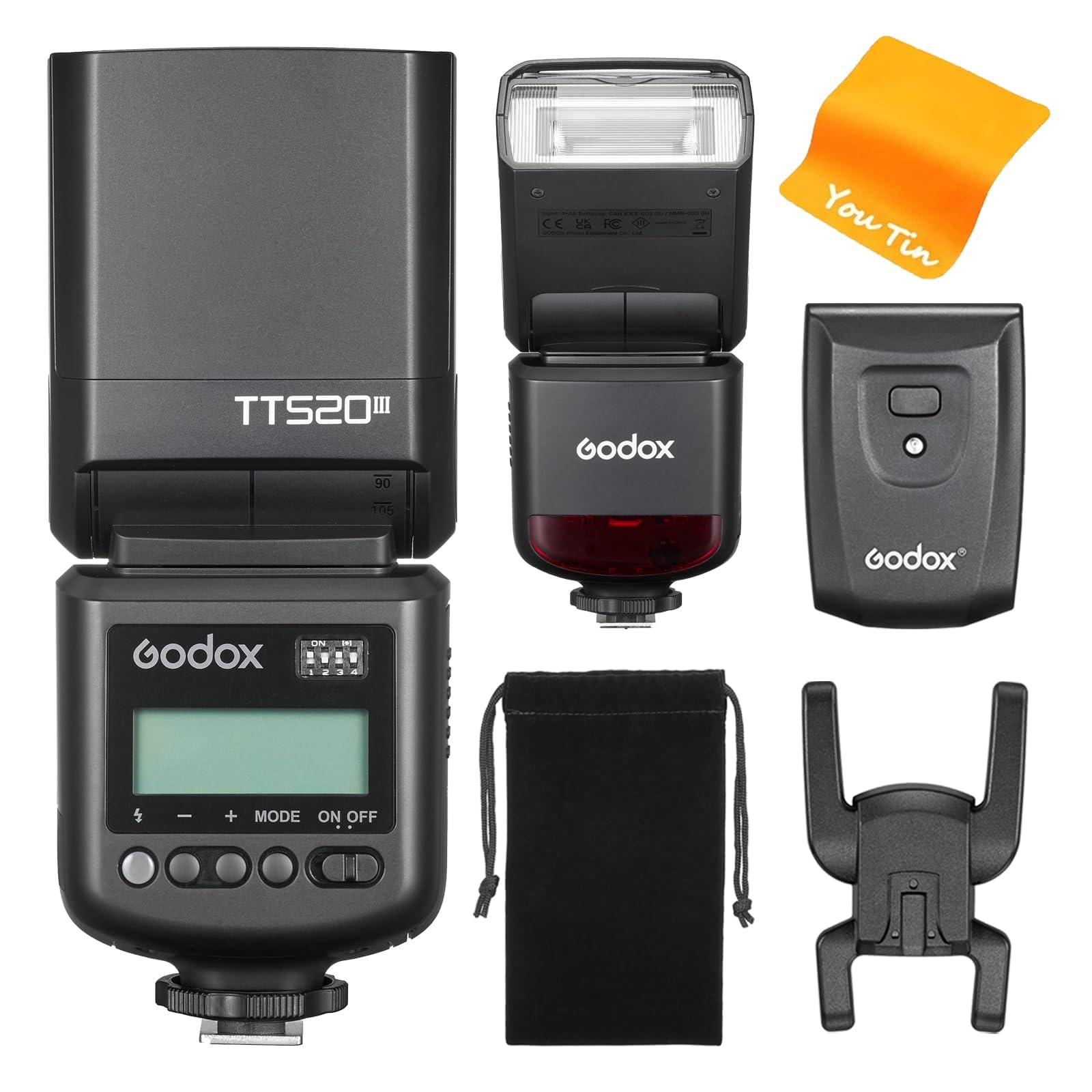 GODOX TT520III Speedlite - Flash de cámara con lanzador RT-16, 433 MHz inalámbrico flash GN33 S1/S2, control óptico, diseño de zapata de contacto único, funcionamiento con batería, compatible con