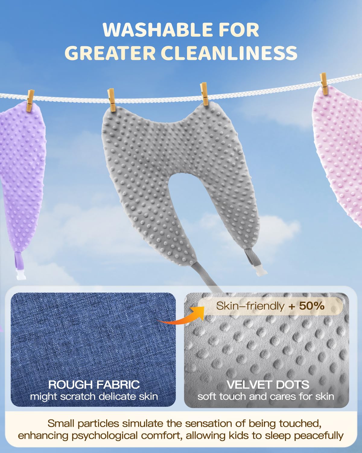 Oreiller de voyage en mousse à mémoire de forme pour enfants, oreiller de voiture en forme de H pour dormir, taie d'oreiller amovible, réglable, pois en velours, gris