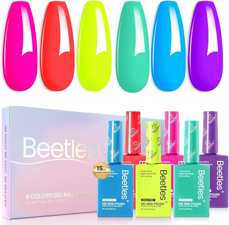 Esmalte de uñas en gel Beetles Neon, burbujas de neón, juego de esmalte en gel de 6 colores 15ML | Sin Hema, diseño de botella a juego, LED UV remojo, arte de uñas de neón de larga duración para salón, bricolaje en casa y manicura navideña