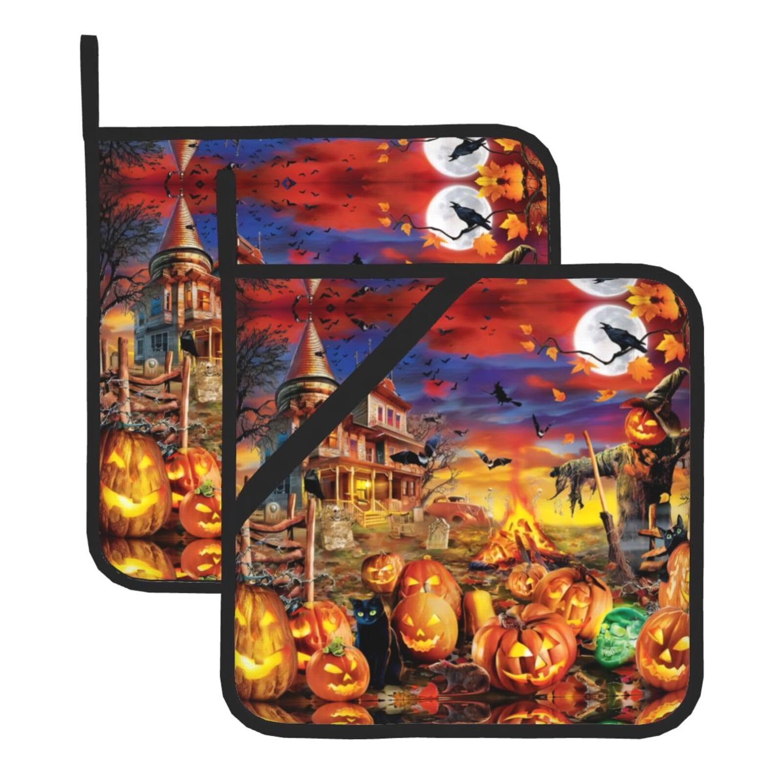 WHJDPP Halloween Skull Prints Square Hot Pads for Kitchen Counter - Waterproof Pot Holders Set of 2, Heat Resistant Trivets with Pocket & Hanging Loop for Serving, Oven & BBQ