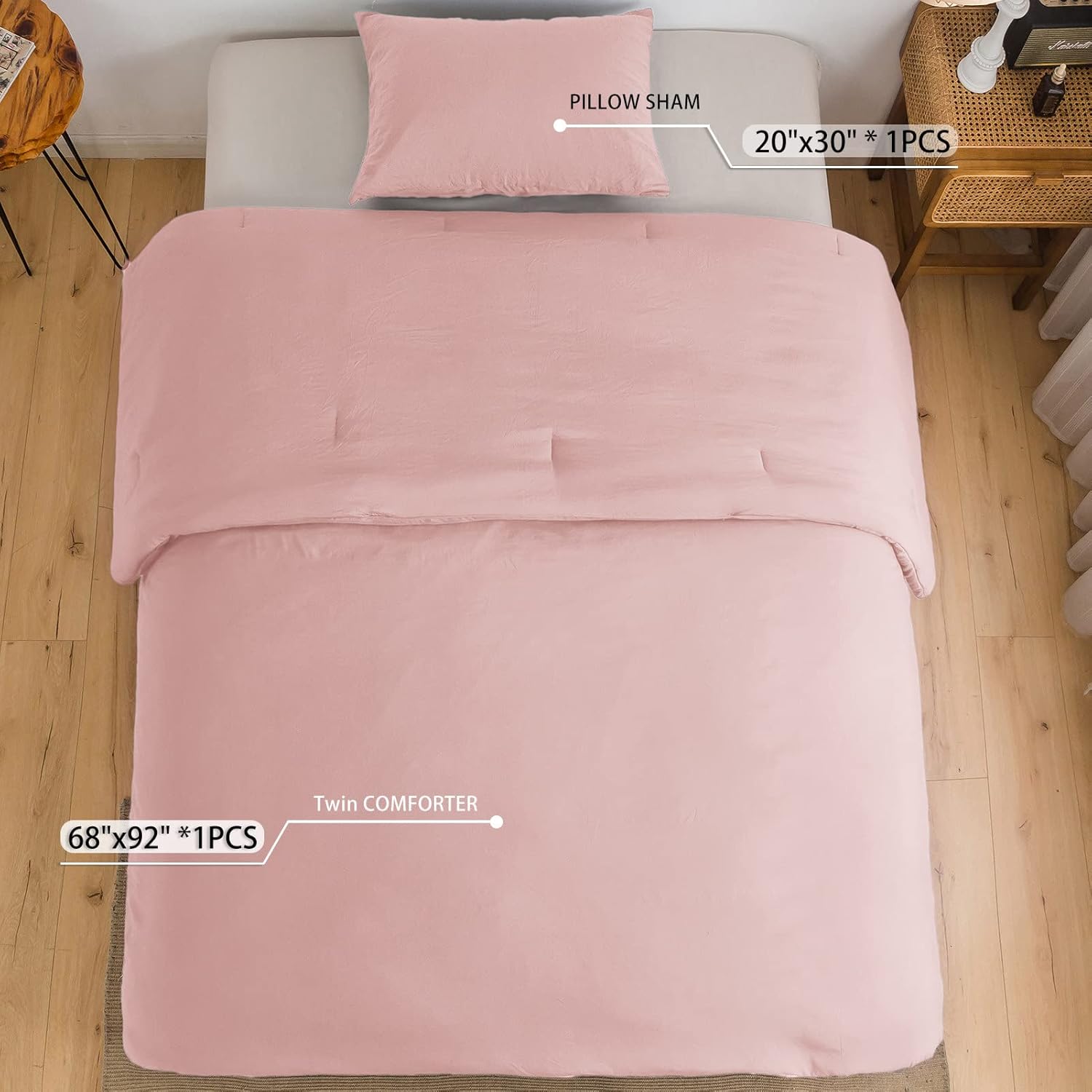 COTTEBED Light Pink Twin XL Comforter Set for College Girls, Ultra-Soft Lightweight Washed Cotton Twin Bedding Comforter Sets for Kids Women Student School Dorm All Season Use, Blush Pink Twin/Twin XL - Image 4