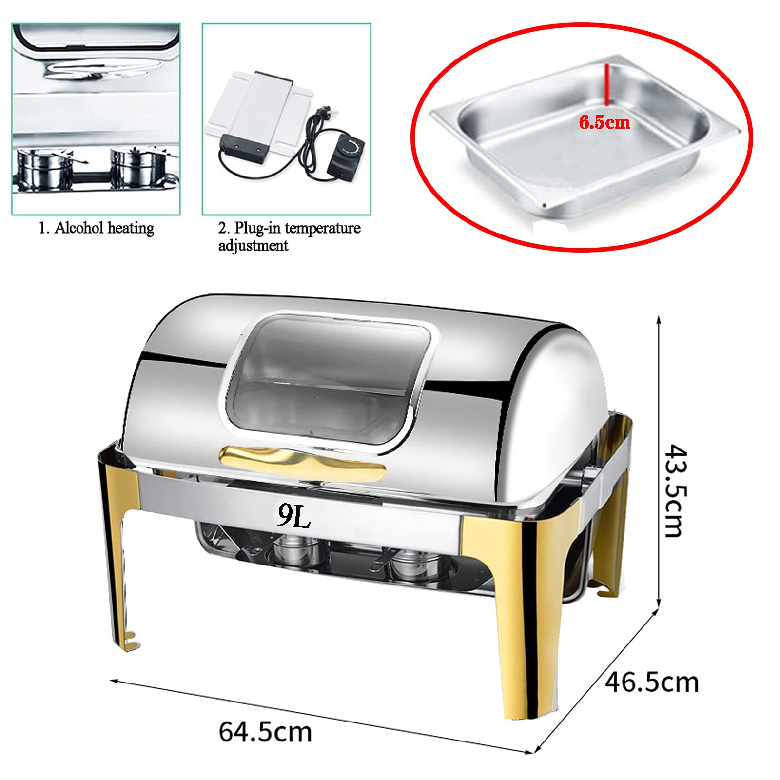 Chauffe-Plats en Acier Inoxydable avec Couvercle Transparent pour réceptions et buffets, 9 L/13 L, idéal pour la Restauration et l'hôtellerie. Maintient Les Aliment,Full Size Pan-9L
