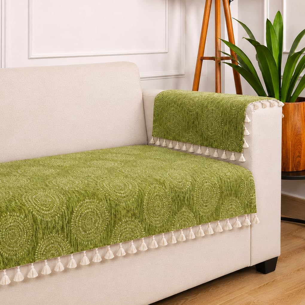 STITCHNEST Woven Fabric Sofa Cover 1 Seater with 2 Hand Rest Covers – Washable Green Sofa Cover with Tassels – Durable Premium Fabric – Stylish Sofa Protector for Living Room & Furniture Decor