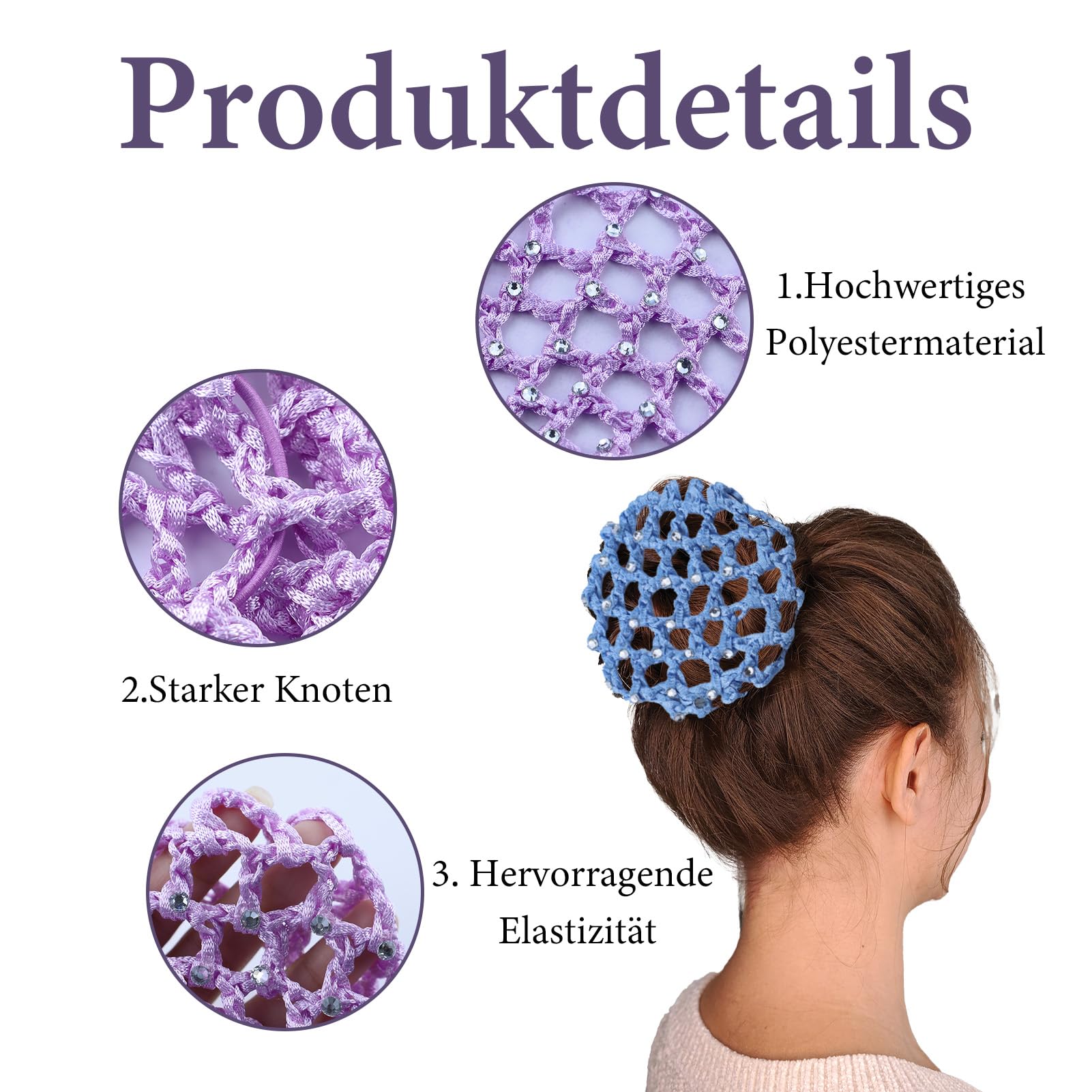 Rete per capelli, 5 pezzi con 50 mollette a forma di U, Retina per capelli con strass, adatta a tutti i tipi di capelli, Nero, Viola, Blu, Rosa, Bianco