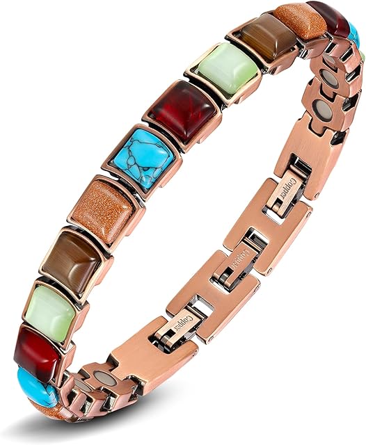 Jeracol Lymphatic Drainage Copper Magnetic Bracelets for Women,Copper Bracelet with Colorful Stone,Adjustable Length with Sizing Tool in Gift Box(Colorful Rectangle)
