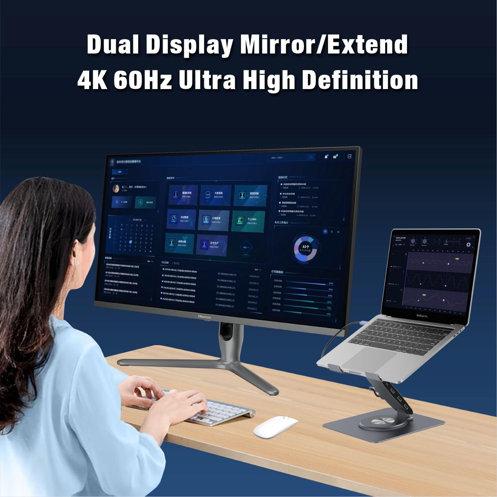 Hub USB-C Supporto per laptop con ventola, Riser per laptop in alluminio con docking station 9-IN-1, HDMI 4K a 60Hz, ricarica PD da 100 W, USB 3.0, audio da 3,5 mm, girevole a 360°, per MacBook Pro