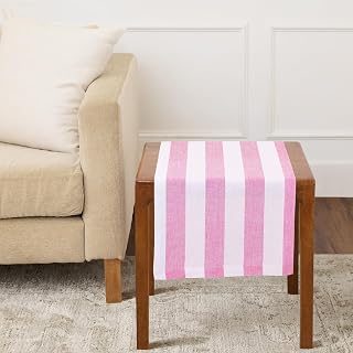 Solino Home 100% Pure Linen Table Runner, 14 x 36 in, Pink and White Stripe