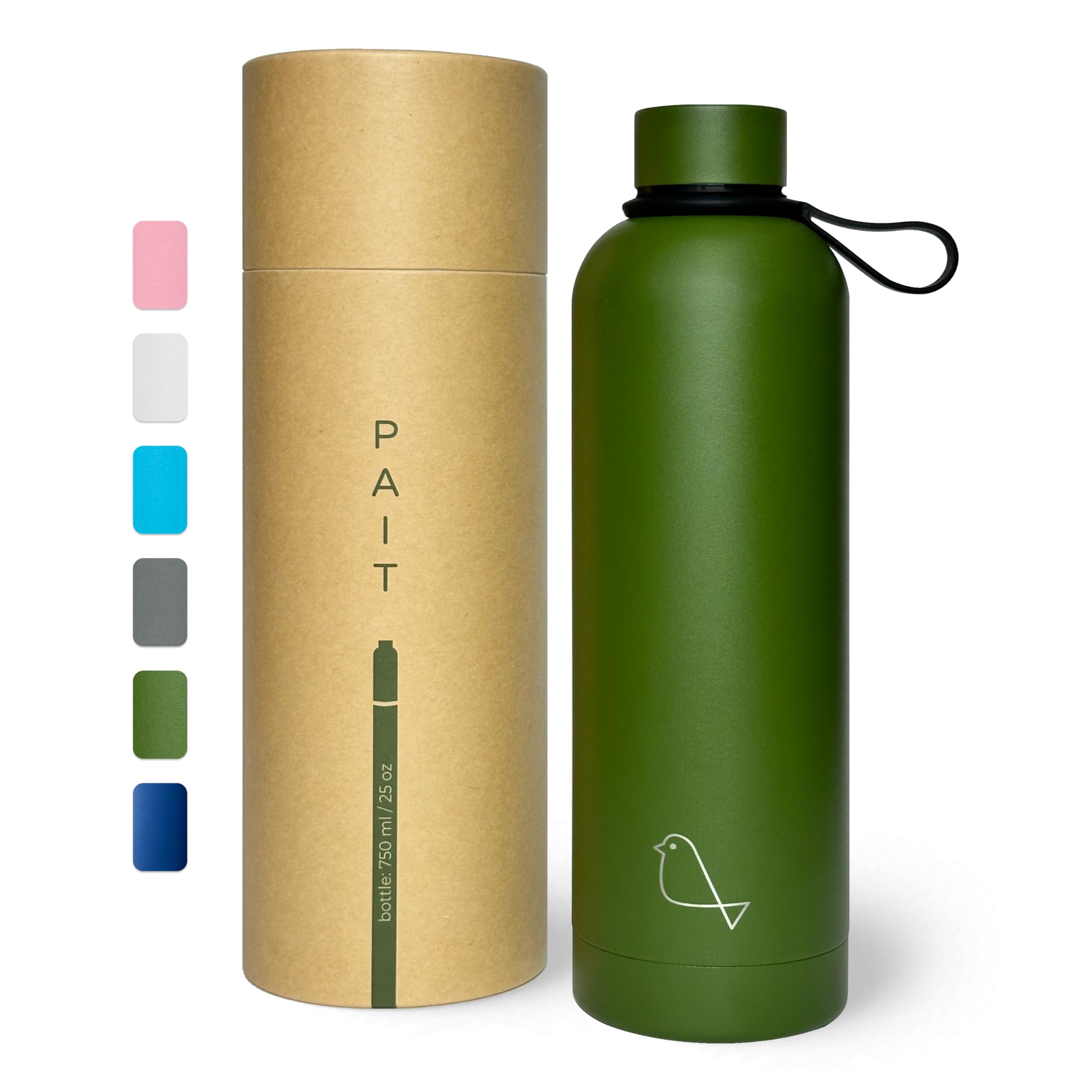 PAIT - 750ml (25oz) - Matte Olive/Green ● Insulated water bottle ● Stainless steel vacuum thermos 12h hot & cold aqua flask ● For kids and adults ● Double Wall ● Small mouth ● Loop included