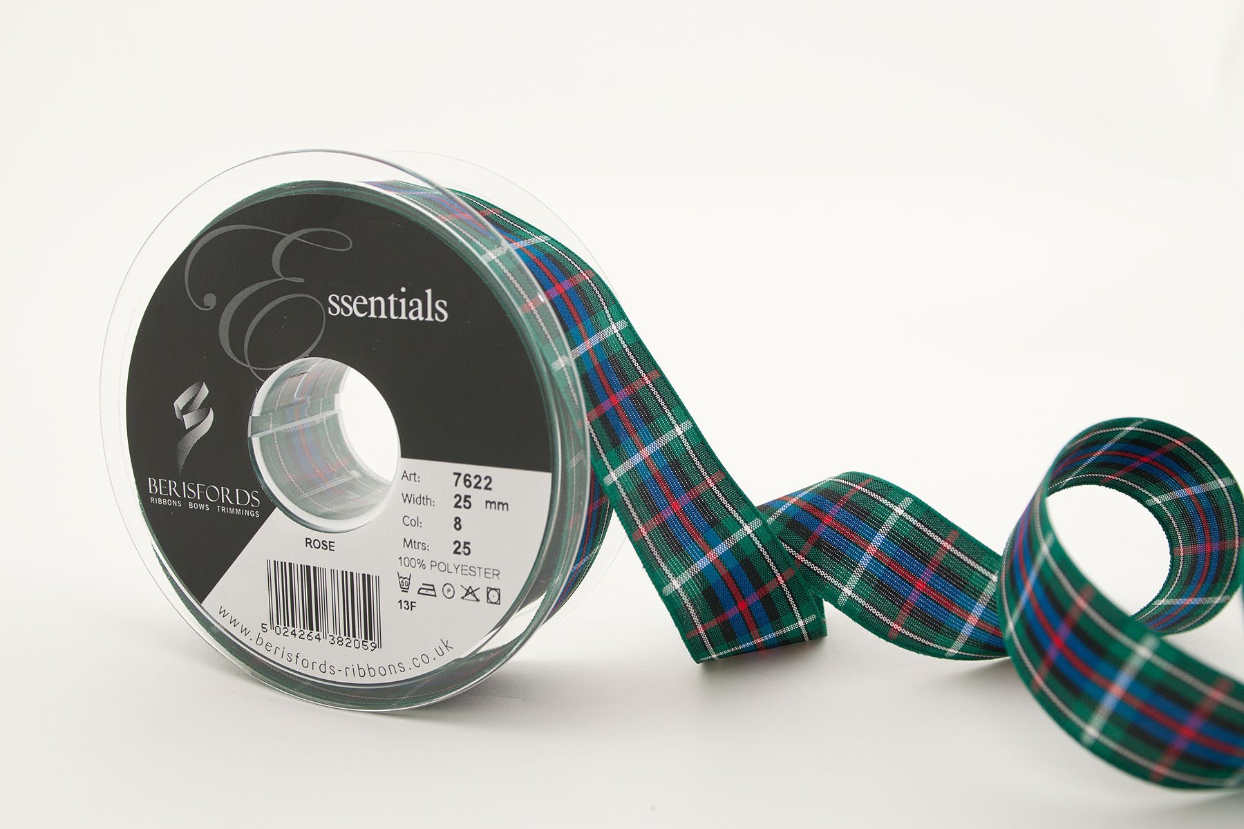 Berisfords 7622/25/08 25mm x 25m reel of Rose Tartan Ribbon, Green