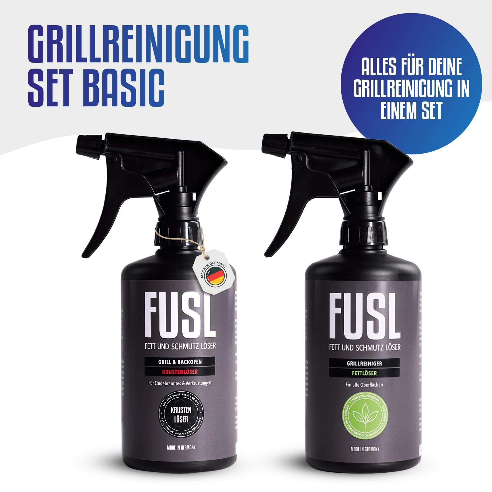Grillreiniger-Set – Fettlöser & Krustenlöser je 500 ml mit Überkopf-Sprühfunktion – Für empfindliche Oberflächen & Eingebranntes – Spezialreiniger-Set für den Grill