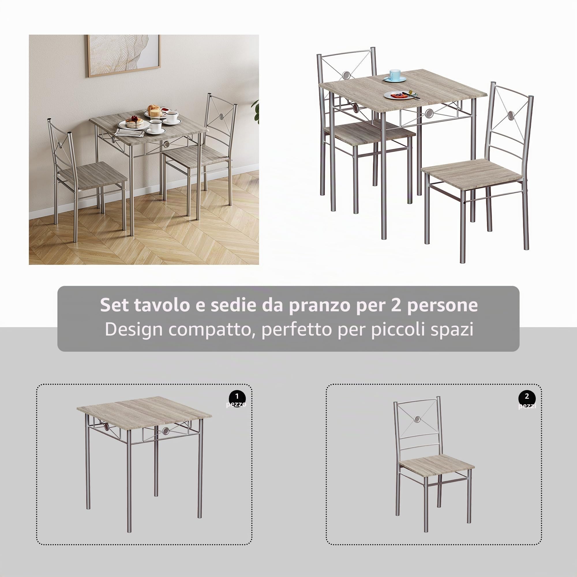 Vida Designs Roslyn - Set di tavolo da pranzo e sedie, set di mobili moderni e contemporanei per la colazione (rovere, 2 posti)
