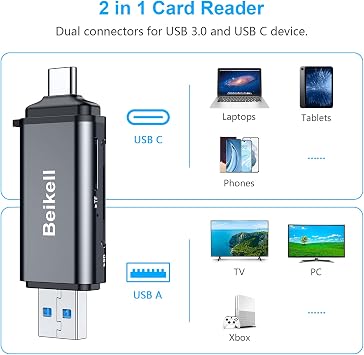 Beikell SD Card Reader, Dual Connector USB C Card Reader USB 3.0 Memory Card Adapter - Supports SD/SDXC/Micro SD/Micro SDXC/SDHC/MMC/RS-MMC/UHS-I, Compatible with MacBook Pro,Air,Galaxy etc.​