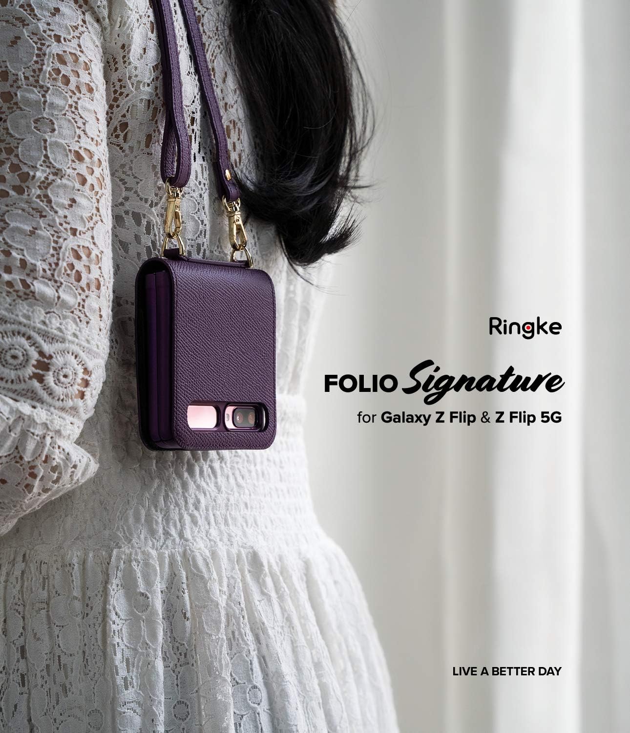 Ringke Folio Signature Designed for Galaxy Z Flip, Genuine Leather Crossbody Case for Galaxy Z Flip 5G - Purple