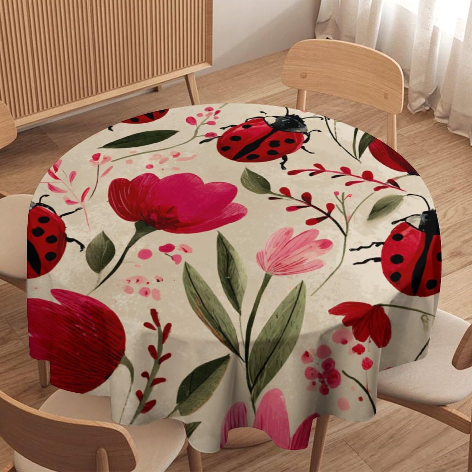LUYYSKY Funny Anime Cute Ladybug Round Tablecloth Vintage Watercolor Flowers Garden Ladybug Pattern Washable Decor for Table Cover for Kitchen-127 Wx127 L cm