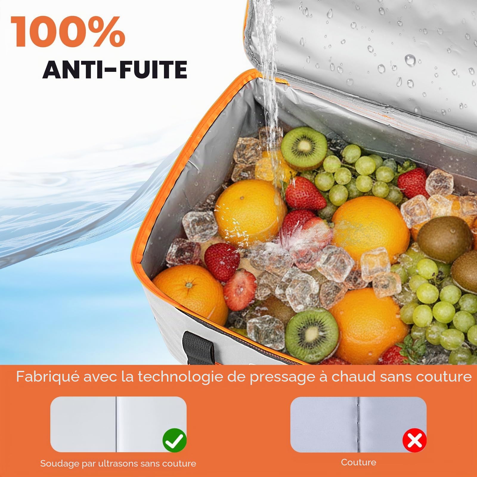 INSMEER Grand sac isotherme pliable de 50 l pour 80 canettes, pliable/anti-fuite avec ouvre-boîte, sac de pique-nique/glacière pour camping, plage, pique-nique, excursions en famille pour 4 personnes