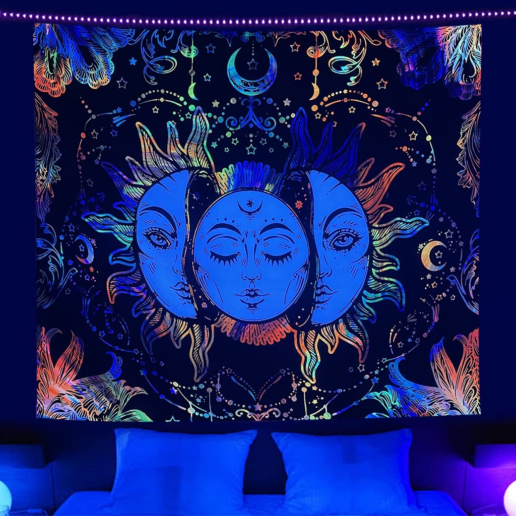 HASTHIP ® Polyester Uv Luminous Tapestry Uv Reactive Tapestry Glow In The Dark Sun And Moon Reactive Wall Hanging (51Inch X 59Inch) (Multi-Colour)