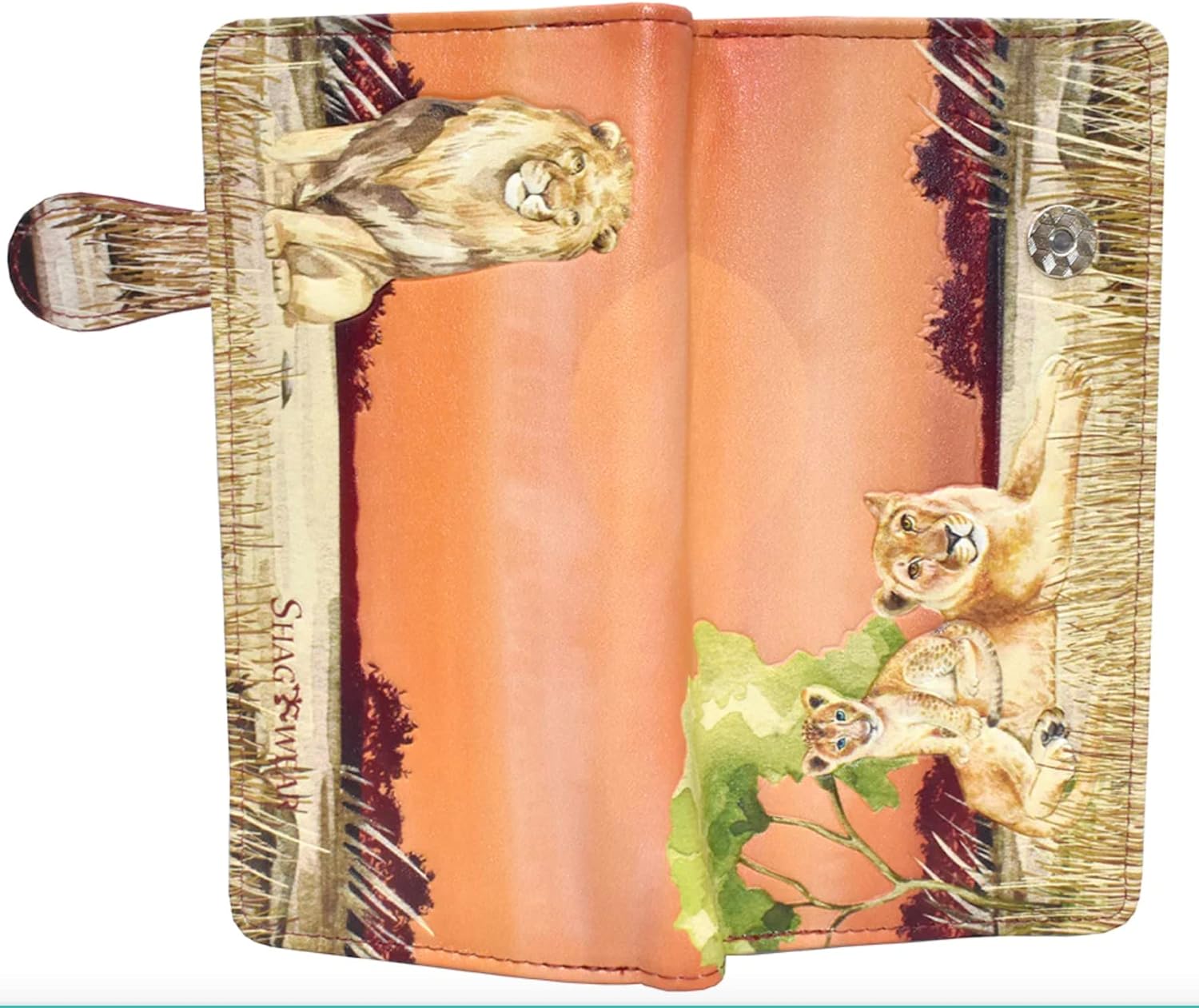 Shag Wear Lion Pride Large Wallet for Women – Vegan Faux Leather Clutch Purse with Lion Family Design, Wildlife Theme, Magnetic Snap Closure, Card and Bill Organizer Orange 7"