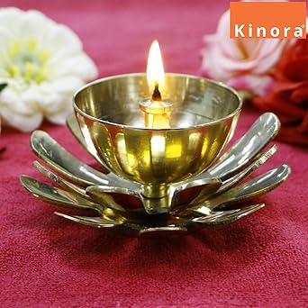 Kinora Decorative Two-Layered Lotus Petal- Shaped Metal Diya for Temple|Home|Festivals|Puja (Gold)