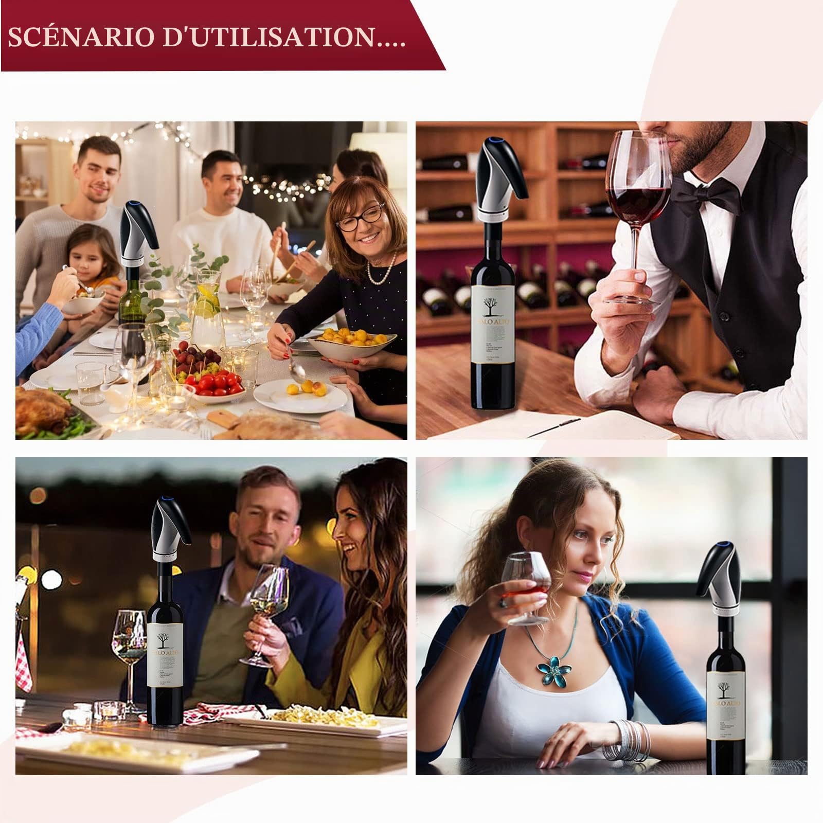 Carafe à Vin Électrique, Aérateur de Vin Automatique, Carafe Rechargeable Intelligente Pour Les Fêtes de Famille Avec 2 Bouchons de Vin, Noir