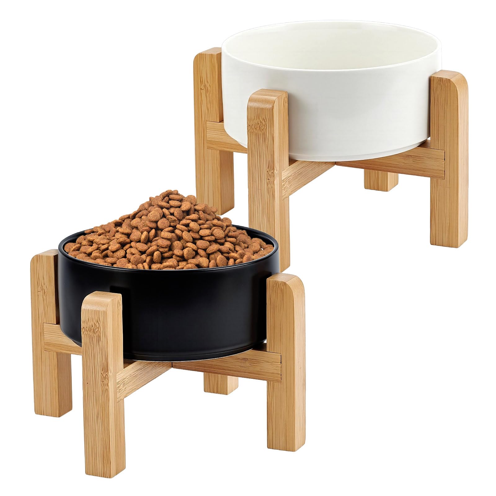 2 gamelle Surélevée en Céramique de 15cm pour Chien Gamelles Surélevées pour Chiens avec Support en Bois Antidérapant Gamelles Robustes pour et Eau aux (Noir et Blanc)