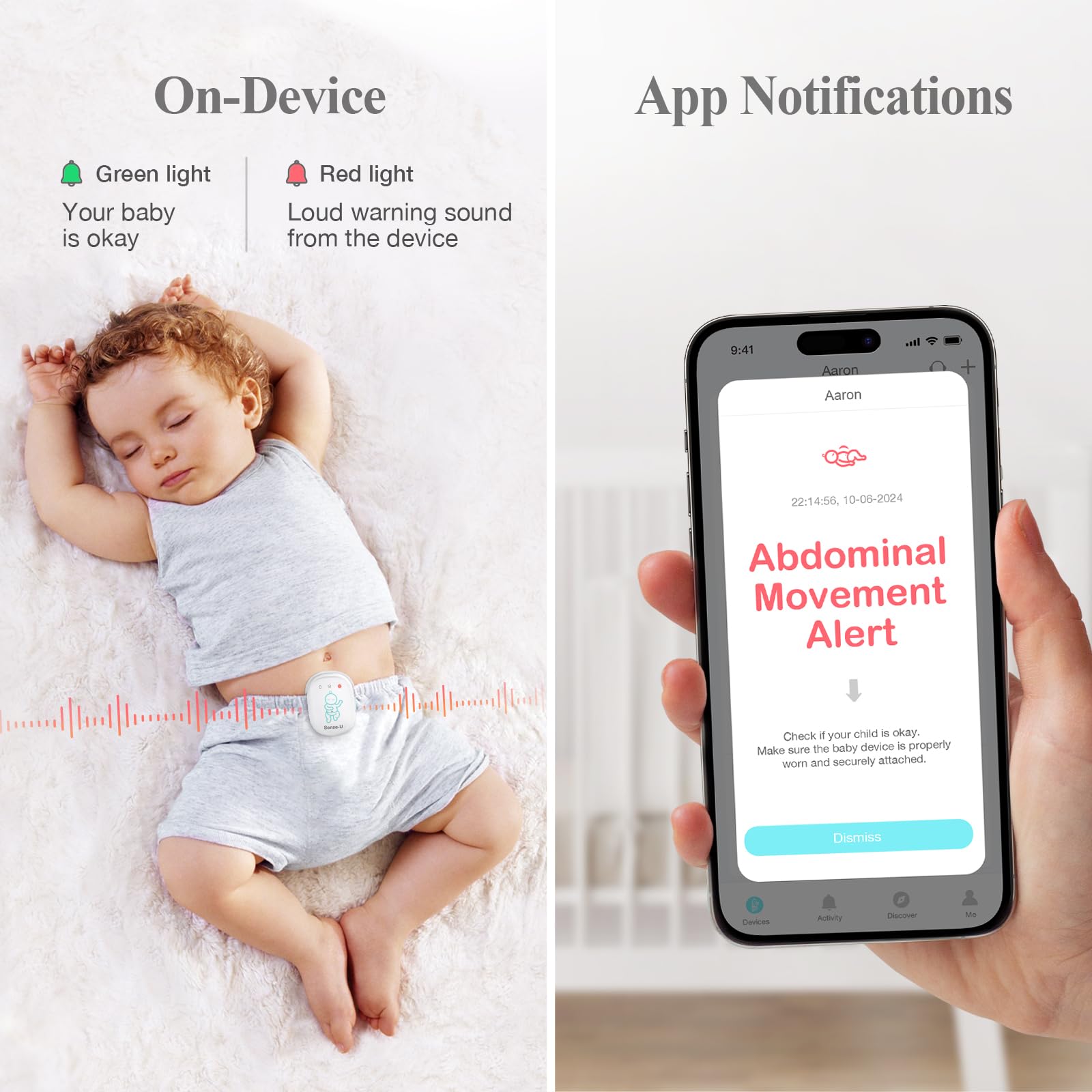 Sense-U Baby Monitor: traccia il movimento addominale, la temperatura, il ribaltamento e la posizione del sonno del tuo bambino (prato)