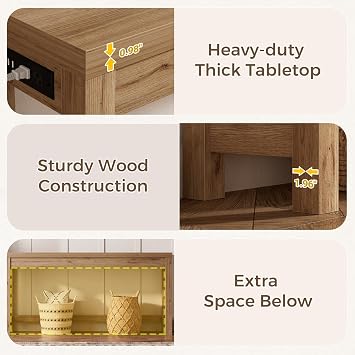 Cyclysio 63 Console Table with 2 AC Outlets & 3 USB Ports, Natural Oak
