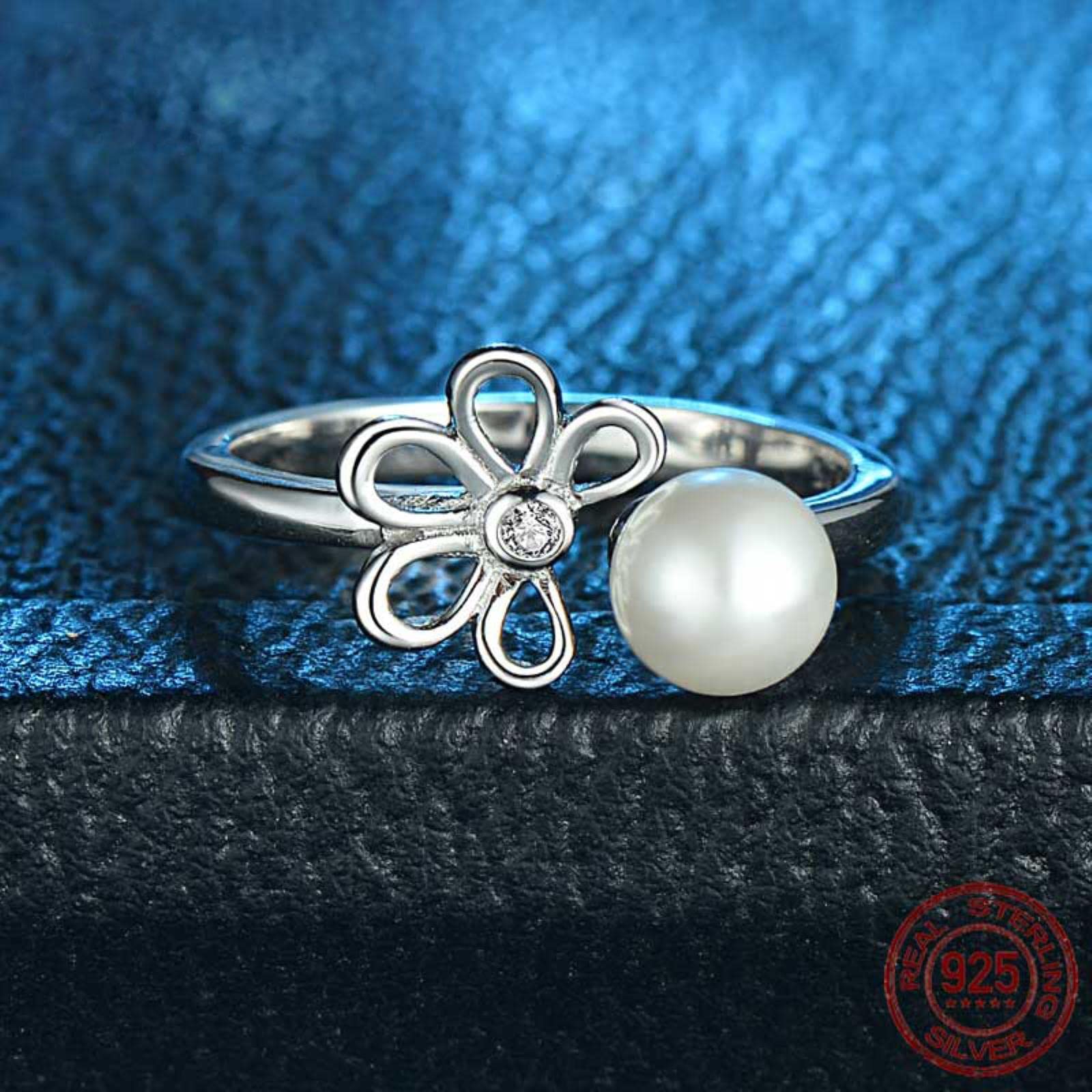 Flor Grandes Anillos De Perlas Simuladas para Mujeres 925 Plata Esterlina Boda Cz Ajustable Ringlet Joyería