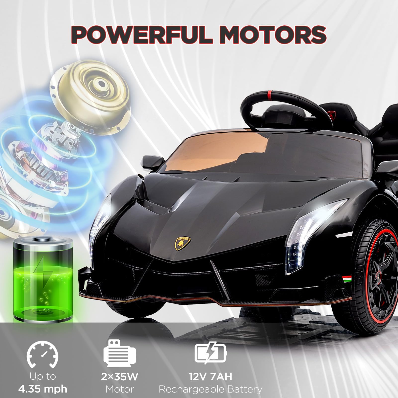 Lamborghini Kinder-Elektroauto 12V mit 2 Motoren & Fernbedienung für Kinder 3-8 Jahre – Inkl. Hupe, Bluetooth-Musik, USB und Vorwärts-/Rückwärtsfahrt (3-7 km/h), für Kinder ab 3 Jahre (Schwarz)