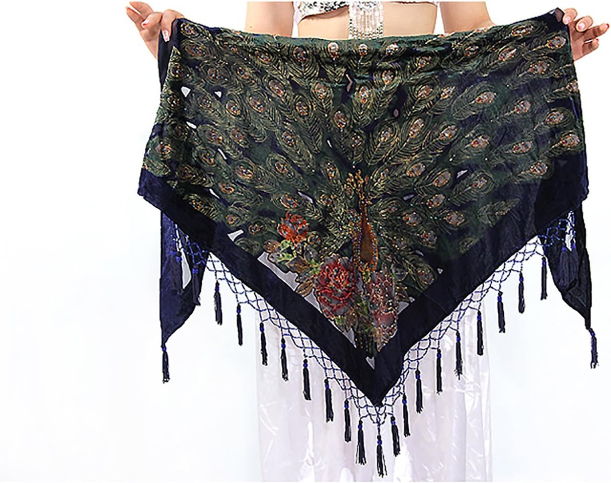 Vintage Triangle Velvet Hip Scarf Shawl Wrap with Fringes and Burnout Peacock Pattern