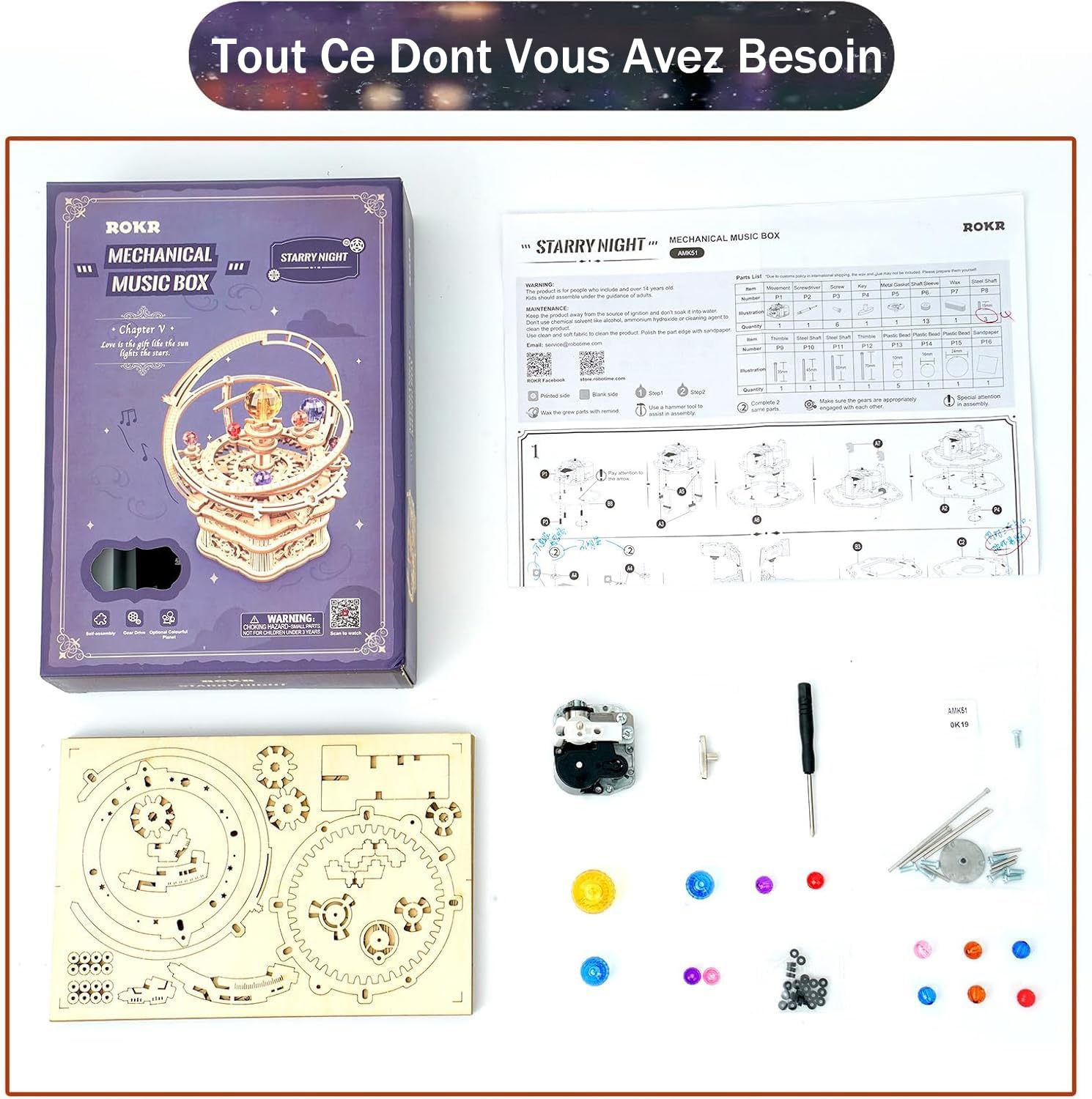 ROKR Puzzle en Bois 3D Modèle Mécanique,Boîte à Musique Starry Night,AMK51 | Cadeaux pour Adolescents et Adultes.