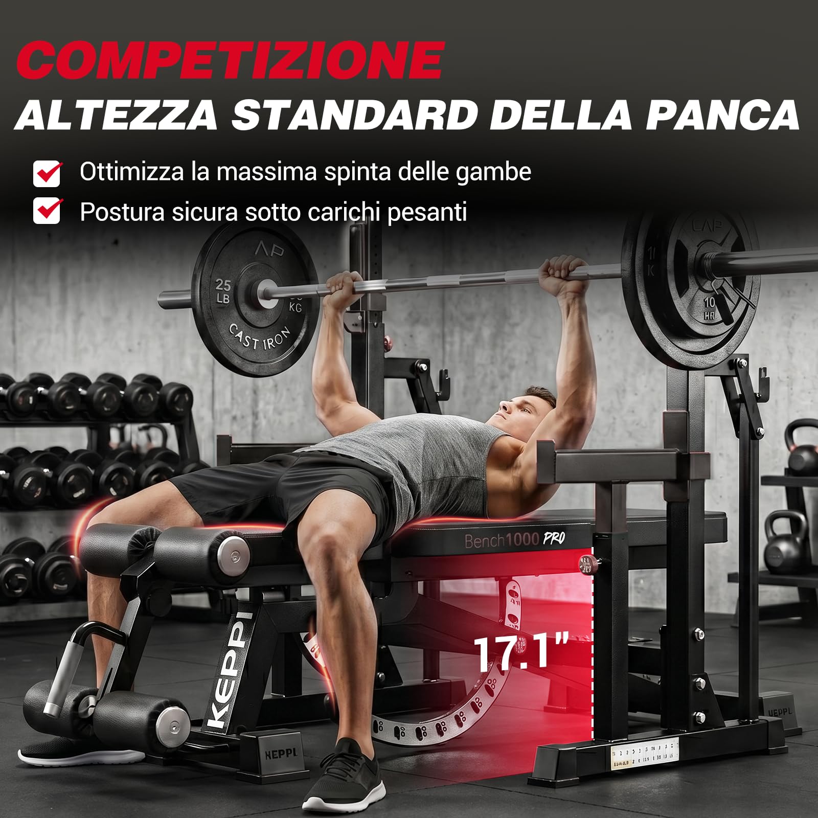 Keppi Panca Palestra, con 600 kg Capacità – Panca Multifunzione Palestra Casa per Allenamento con Pesi, Addominali e Fitness Completo, Fermapiedi Rimovibile - Bench1000 Pro