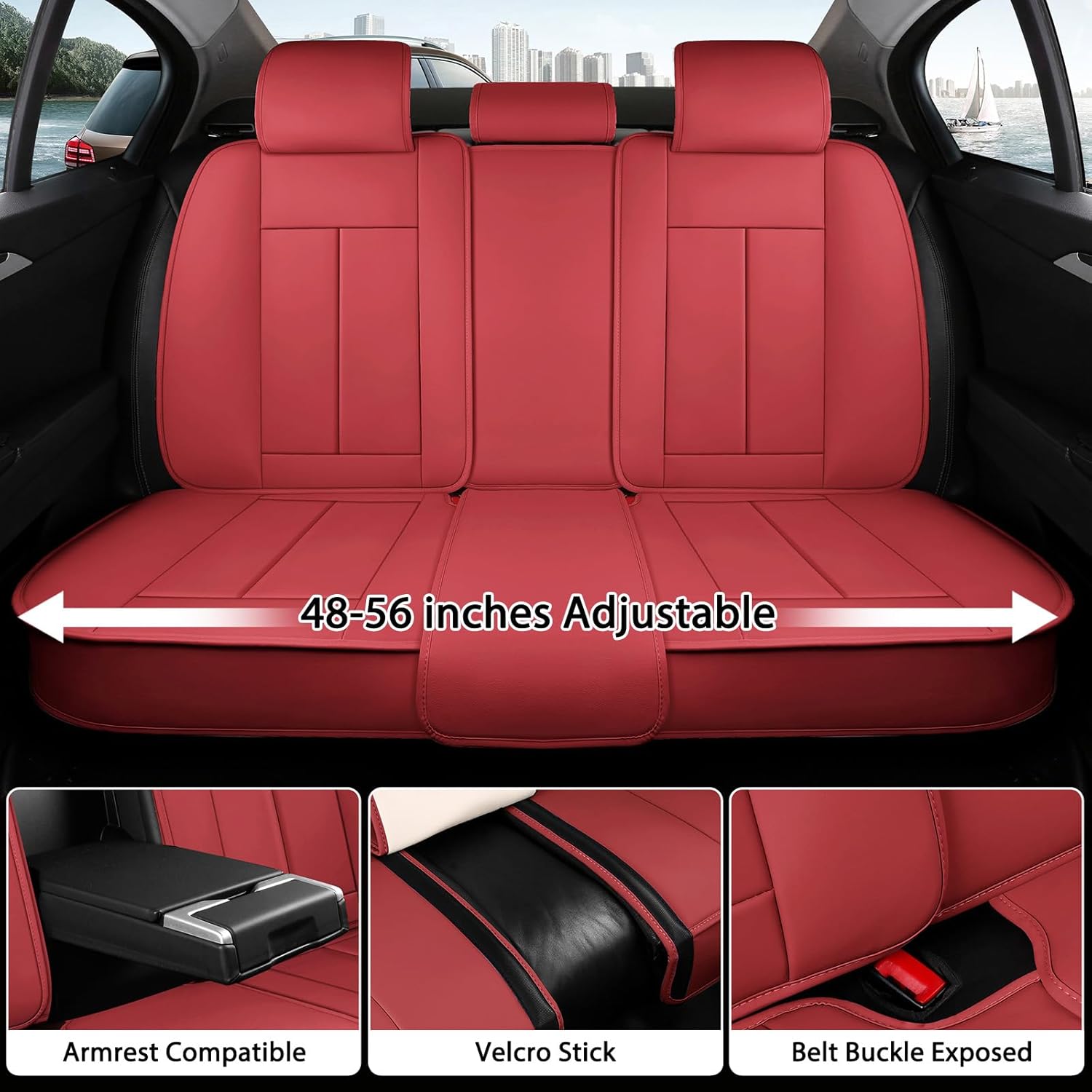otoez Car Seat Covers Full Set, Universal Seat Cover for Car, Thickened Headrest Nappa Leather Automotive Seat Cushion Protector 5 Seat for Car Seden SUV Truck, Red