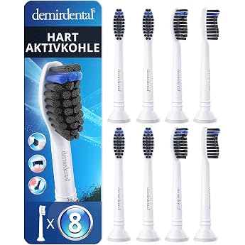Demirdental Replacement Brushes for Philips Sonicare Hard Activated Carbon Hard brush heads for natural cleaning tested for harmful substances and BPA-free includes 8 protective caps and 4 colour