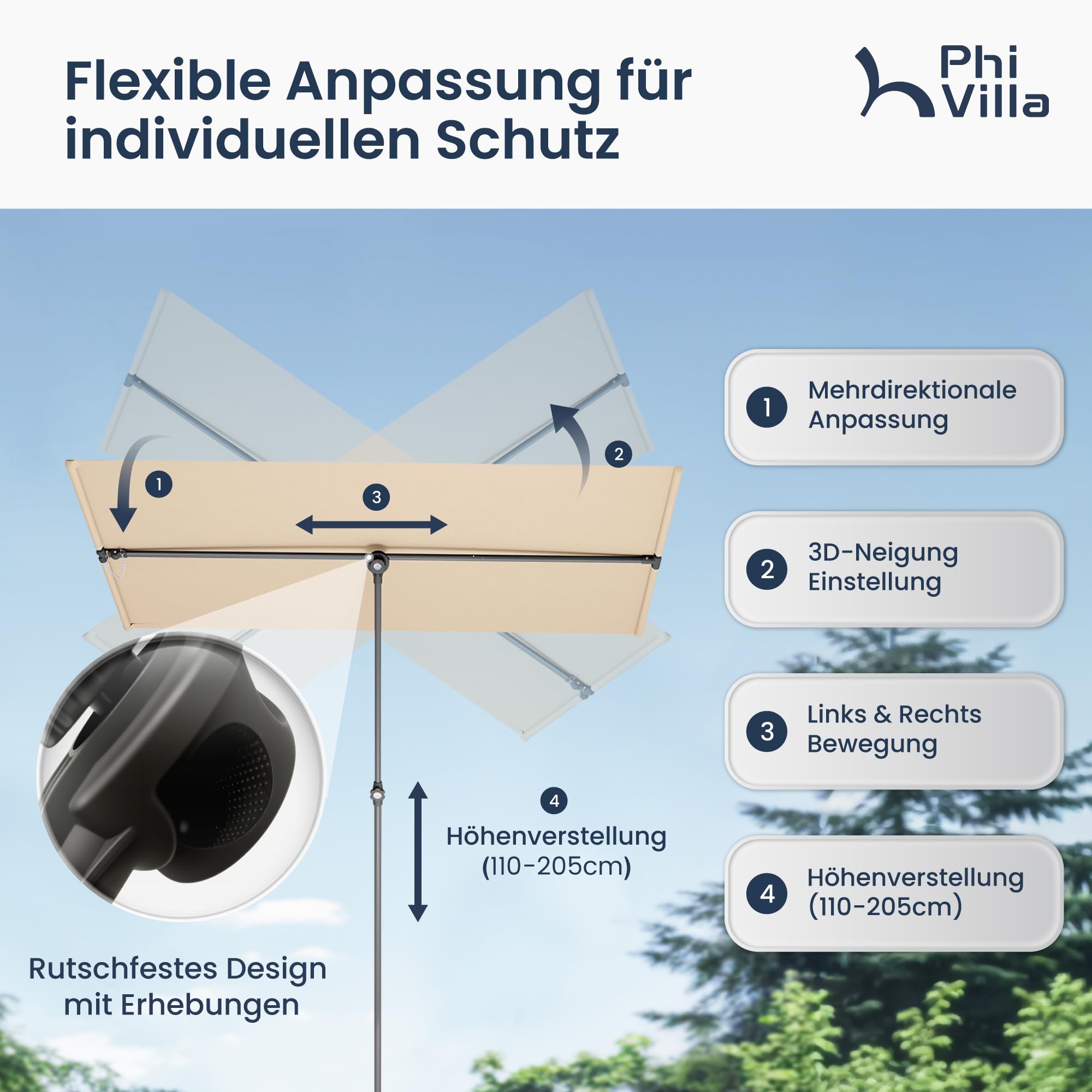 PHI VILLA 180x130cm 360°Drehbar Sonnenschirm mit Hülle & klemme, Aluminium Balkonschirm Höhenverstellbar Windfest Stabil zum Mitnehmen, UV50+ Schutz für Balkon Terrasse Balkongeländer Tisch