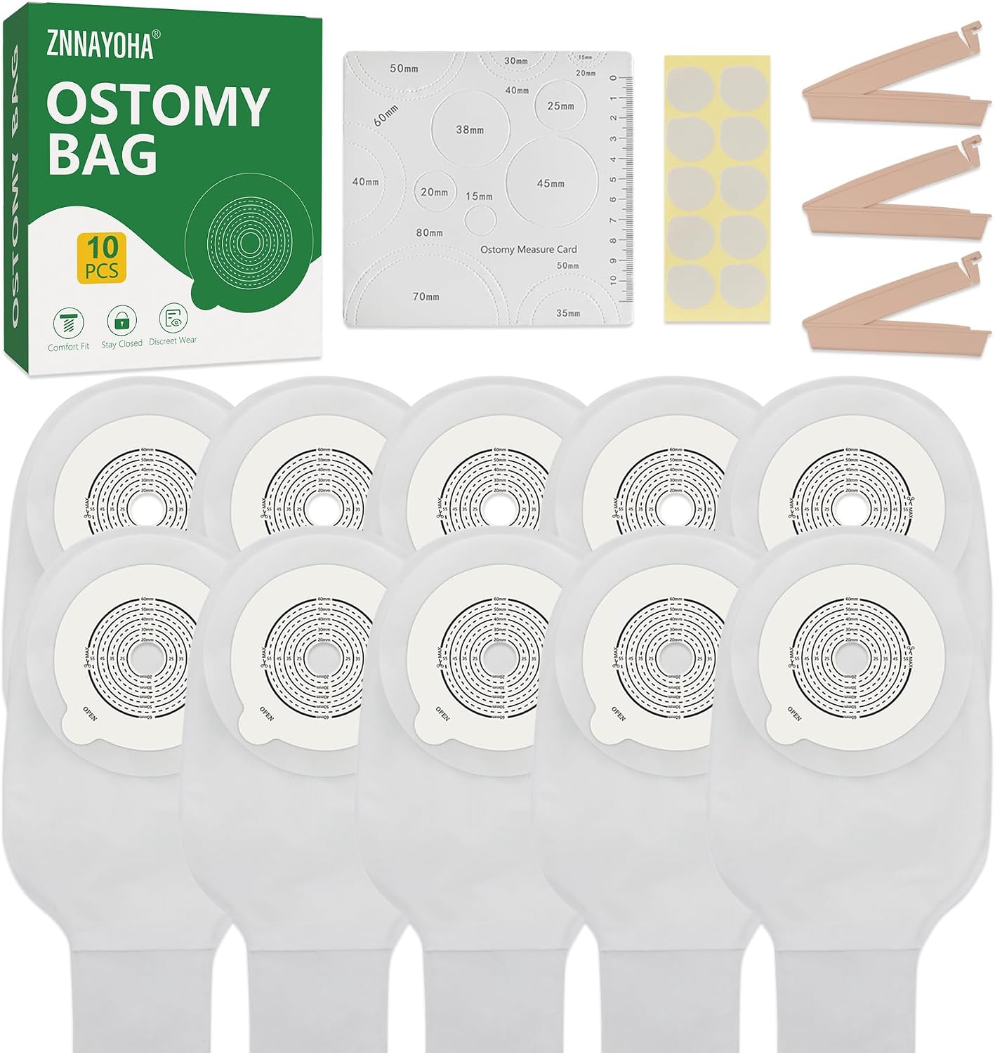 10 PCS Colostomy Bags, One Piece Ostomy Bag, Ostomy Drainable Pouch for Ileostomy Stoma Care, Cut to Fit Ostomy Supplies