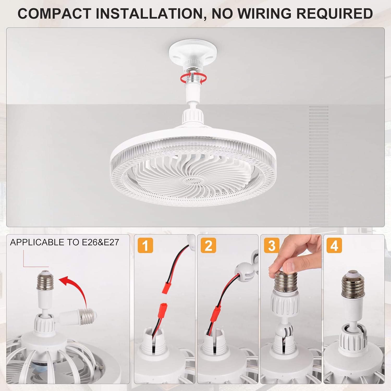 Multifunctional Ceiling Fan with Light & Remote Control, E26 Socket, Dimmable LED Bulb, Silent Operation, Ideal for Bedroom, Kitchen, Garage, Bathroom - White