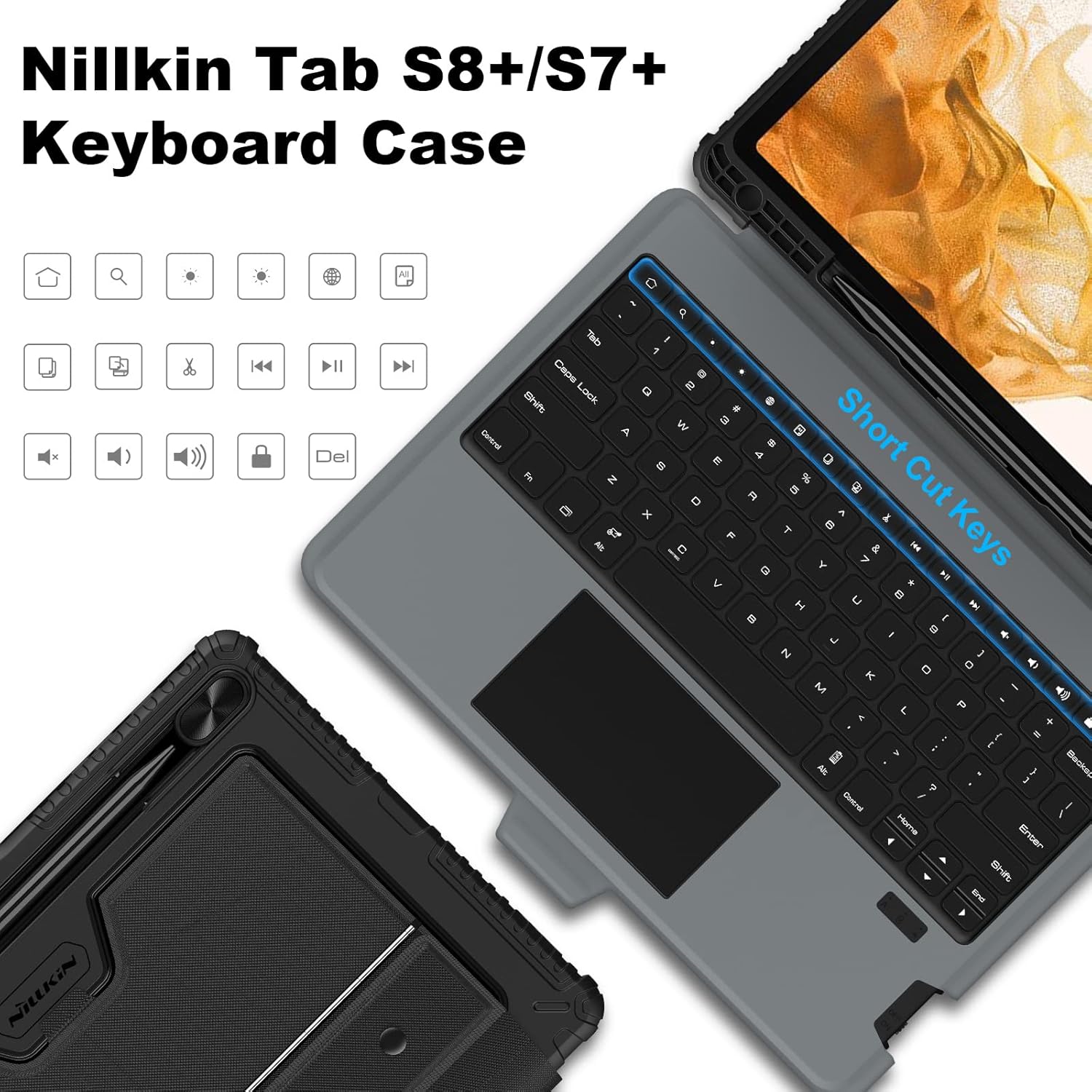 Nillkin Keyboard Case with Stand, for Samsung Galaxy Tab S8 Plus S7 Plus S7+ S7 FE with Detachable Keyboard with Trackpad, Pencil Holder Tab S8+ 5G Tablet Keyboard case12.4 inch
