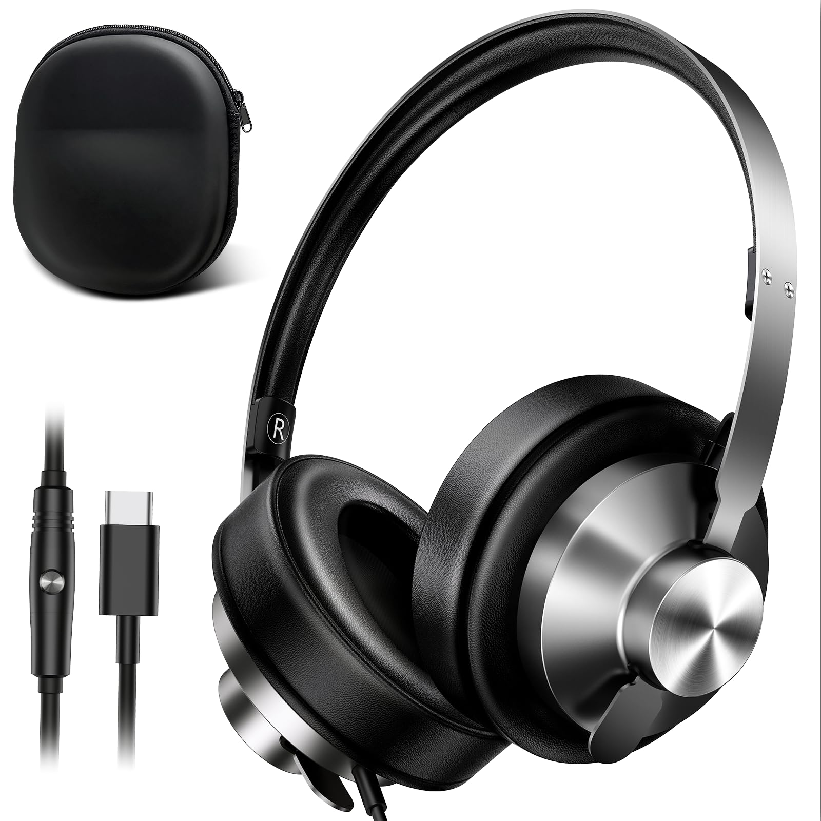 INFURTURE Cuffie over-ear cablate con design ergonomico USB-C con memory foam, suono e struttura in metallo resistente, perfette per pendolari, giochi, uso in studio, viaggi, escursionismo, sport