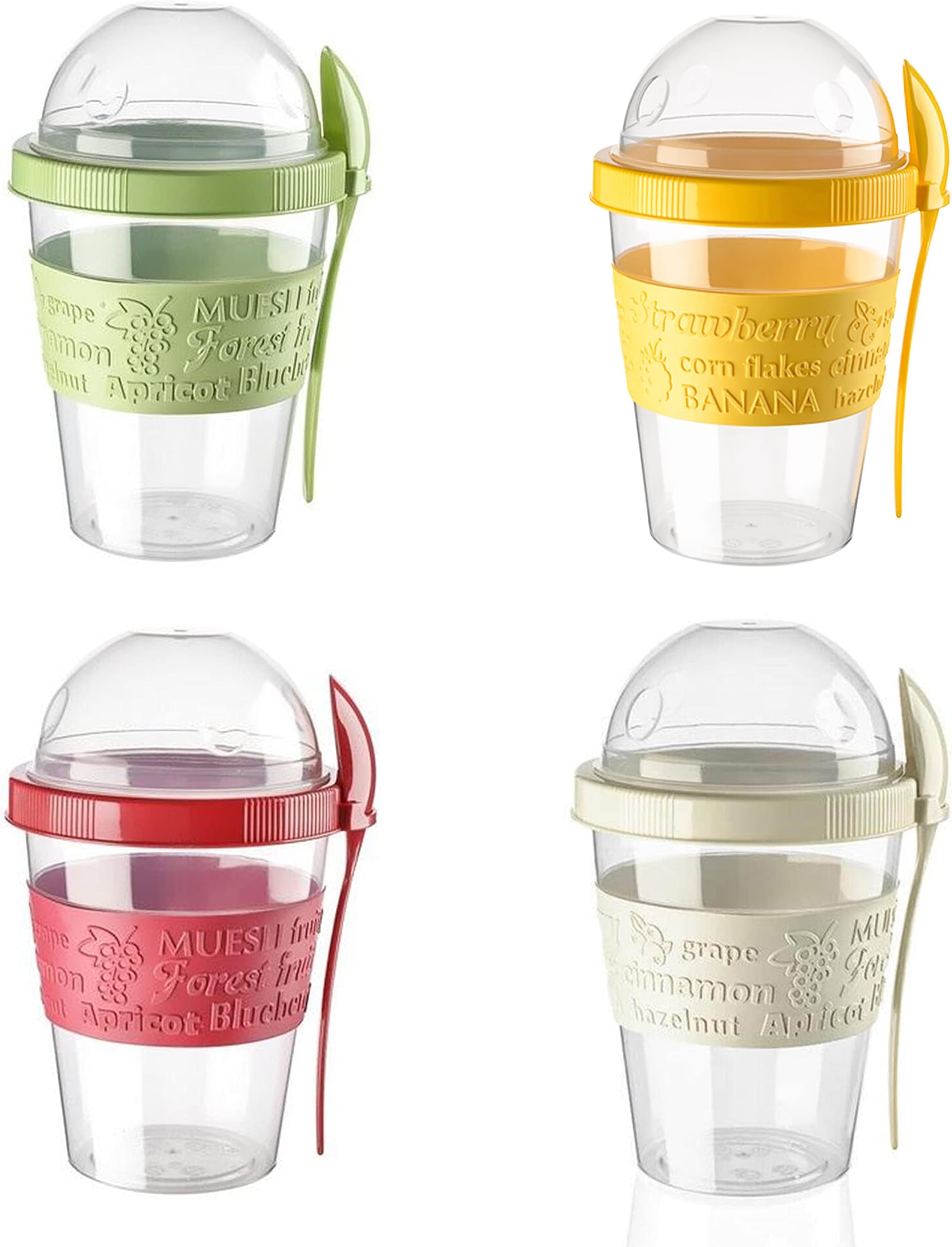 4 Pack 20 oz Breakfast Cereal On the Go Cups with Spoon- Portable Take'n Go Yogurt Container Cup with Top Lids- Milk- Snack- Fruit Cup for Travel (4- Mix)