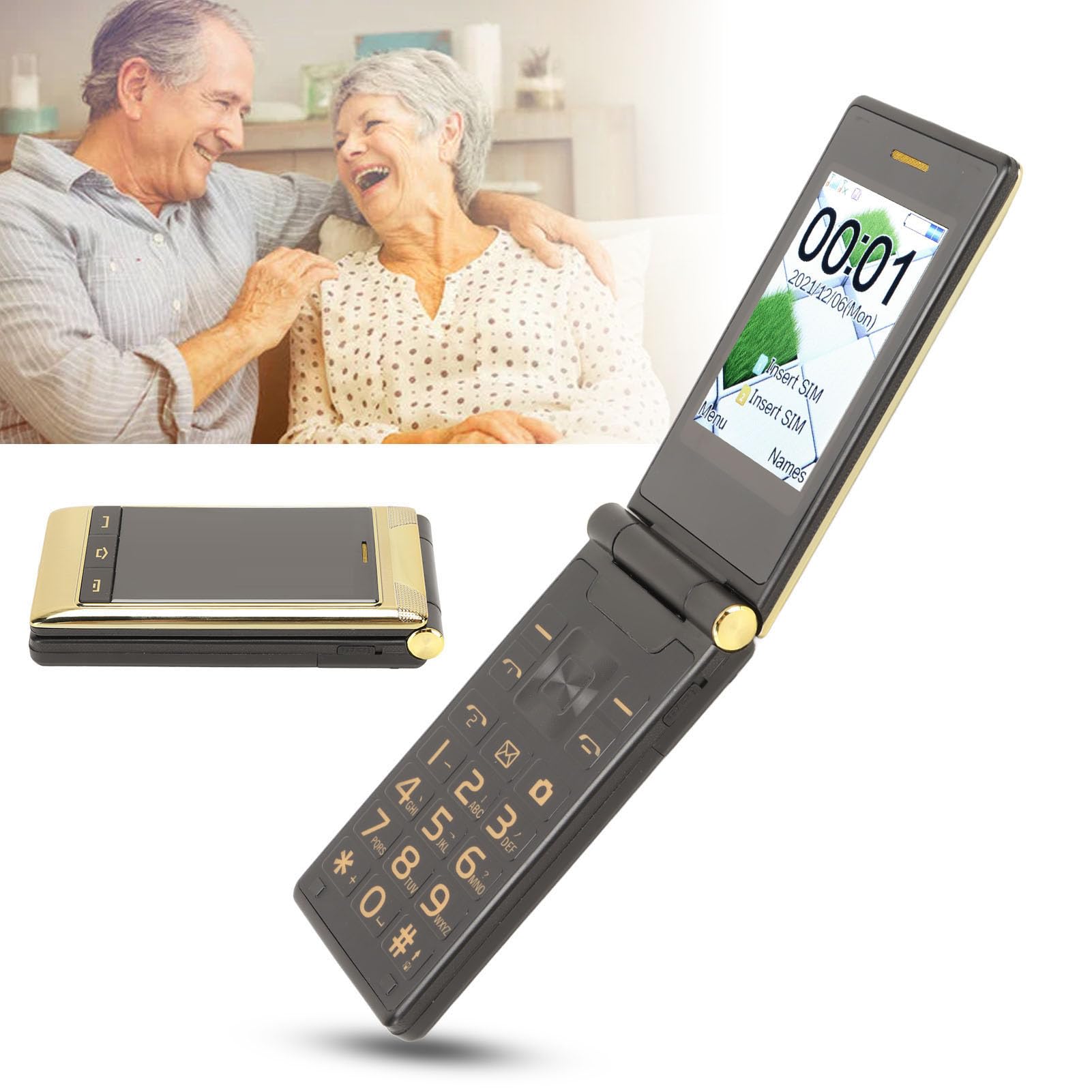 Senior Flip Phone, 3G Dual SIM Unlocked Senior Flip Cell Phone z 3-calowym podwójnym ekranem, dużym przyciskiem, przyciskiem SOS i baterią 5900mAh, podstawowy telefon komórkowy dla(Złoto)