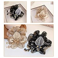 Vista 5 de Paquete de 2 coleteros para el cabello con flores para mujeres, lazos elásticos de acrílico con bordado de hojas, elegante banda para el cabello