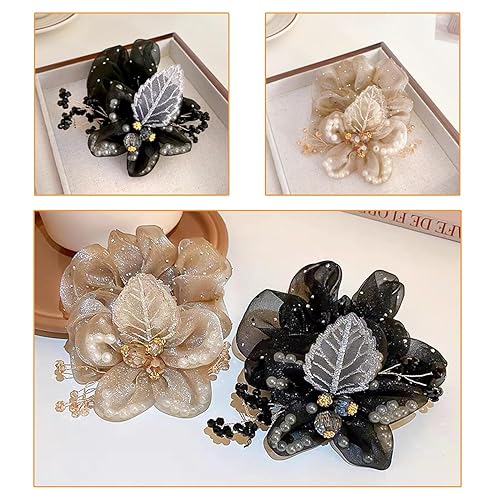 Miniatura 5 de Paquete de 2 coleteros para el cabello con flores para mujeres, lazos elásticos de acrílico con bordado de hojas, elegante banda para el cabello,