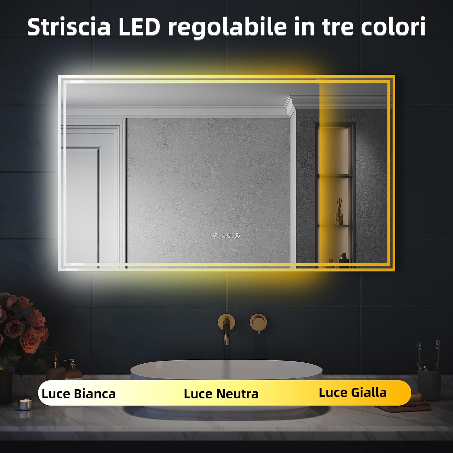 SONNI Specchio da Bagno Bluetooth, Specchio Bagno Retroilluminato con Luce120x70cm, Display per Orologio e Temperatura,Double Touch con Funzione Antiappannamento