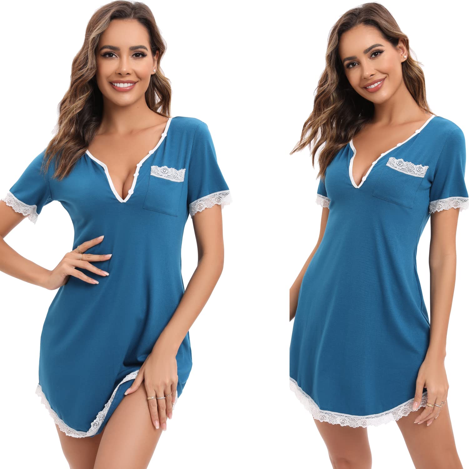 Yukiuiny Maglie Pigiama con Pizzo da Donna, Camicie da Notte in Cotone, Comodo Abbigliamento da Notte