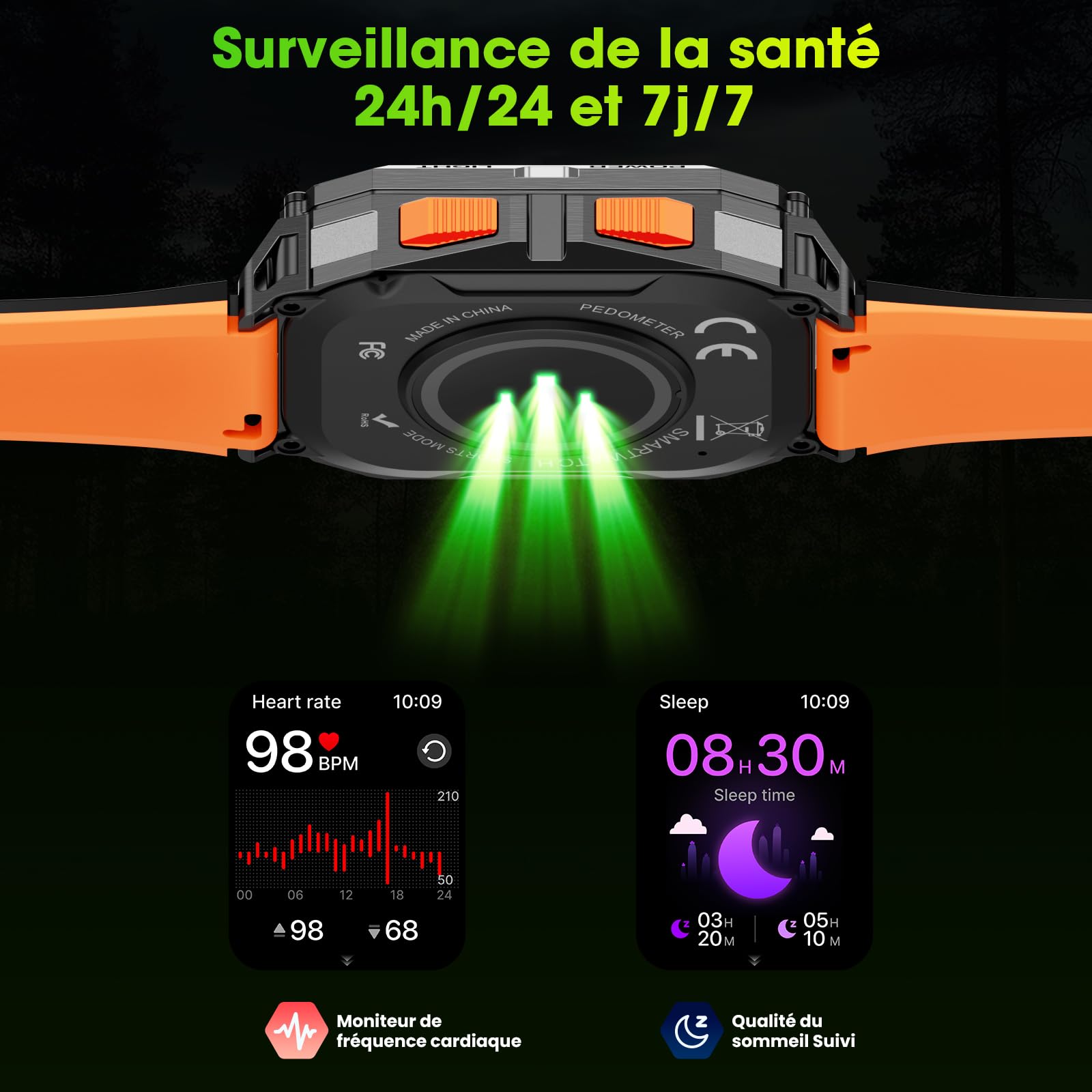 Montre Connectée Homme 2,01" HD Écran Smartwatch, 1000 mAh Batterie et 120+ Modes Sportifs, Montre Connectée Militaire avec Fréquence Cardiaque/Sommeil Moniteur et Lampe De Poche pour Android iOS